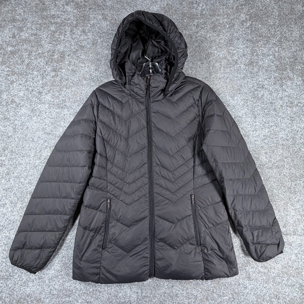 London Fog Puffer Jacket Mens M Black Detachable Hood Lightweight Packable Down